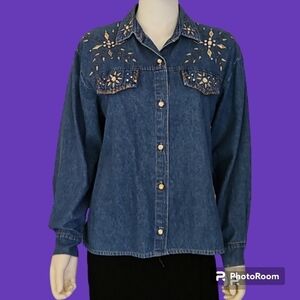 Vtg DONNA 1980s Bedazzled Denim Chambray Western Cowgirl Shirt